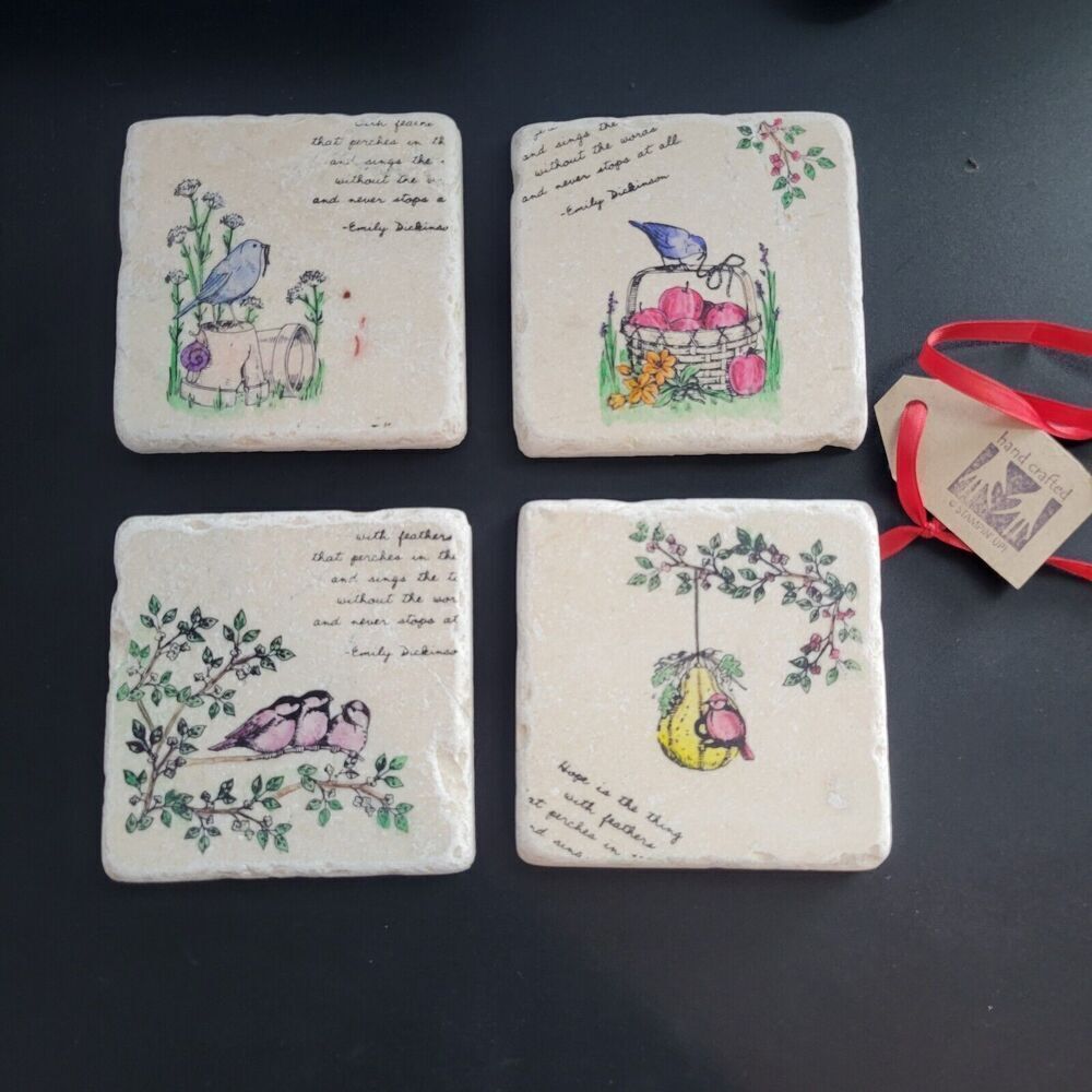 Stone Tile Bird Coasters • Set Of 4 • 4"×4" Square • New Cottagecore Grandma